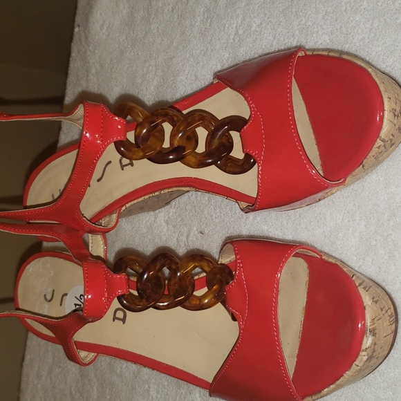 red patent platform sandals